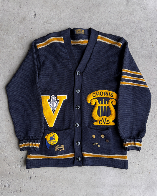 Vintage 1960s Chicago Vocational Navy Wool Letterman Cardigan  - Shop ThreadCount Vintage Co.