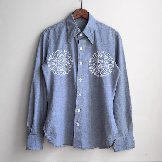 Vintage 1970s Chambray Blue Cotton Circular Embroidery Shirt  - Shop ThreadCount Vintage Co.