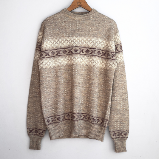 Vintage 1970s Brown & Cream Geometric Pattern Wool Sweater  - Shop ThreadCount Vintage Co.