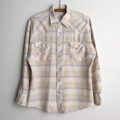 1970s Tan & Blue Sawtooth Pearl Snap Western Shirt  - Shop ThreadCount Vintage Co.