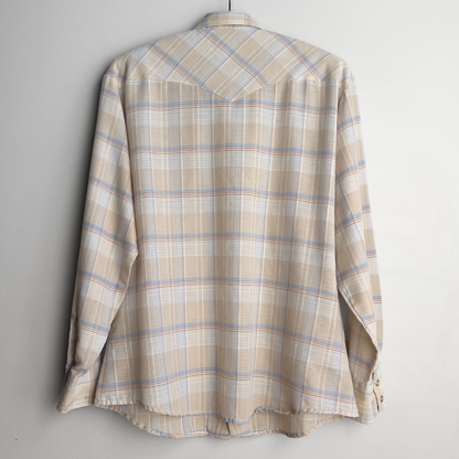 1970s Tan & Blue Sawtooth Pearl Snap Western Shirt  - Shop ThreadCount Vintage Co.