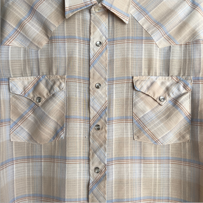 1970s Tan & Blue Sawtooth Pearl Snap Western Shirt  - Shop ThreadCount Vintage Co.