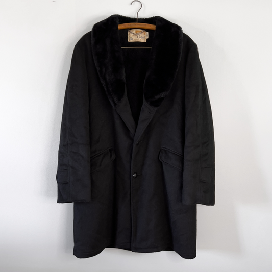 Vintage 1970s Jet Black Sherpa Lined Wool Long Overcoat  - Shop ThreadCount Vintage Co.