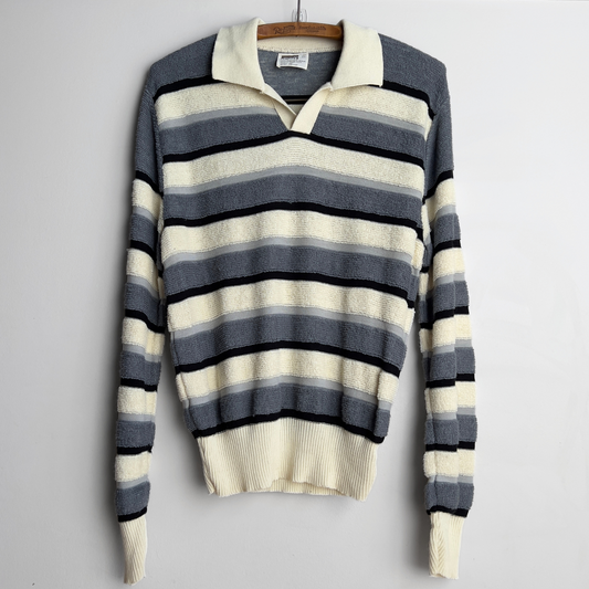 Vintage 1970s Grey & White Striped Split Collar Terry Sweater  - Shop ThreadCount Vintage Co.