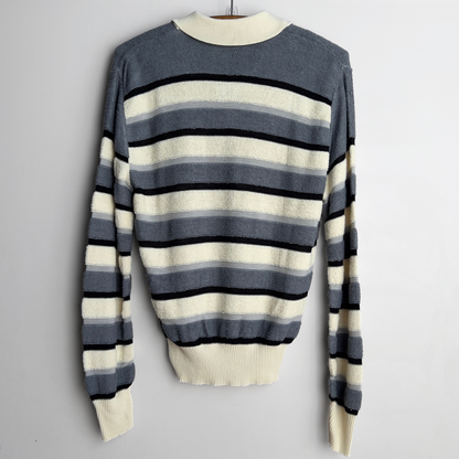 1970s Grey & White Striped Split Collar Terry Sweater  - Shop ThreadCount Vintage Co.