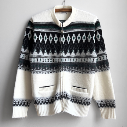 1960s White & Green Geometric Zip-Up Cardigan  - Shop ThreadCount Vintage Co.