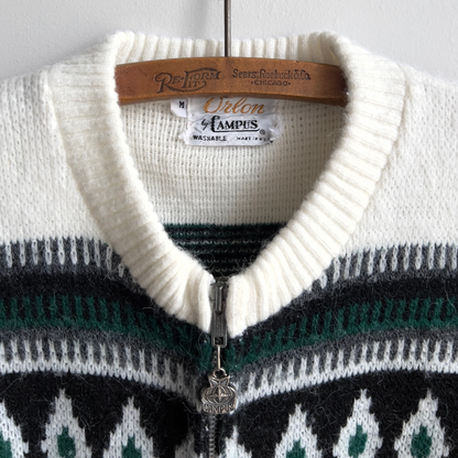 1960s White & Green Geometric Zip-Up Cardigan  - Shop ThreadCount Vintage Co.