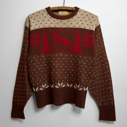 1940s Brown Reindeer Print Holiday Wool Sweater  - Shop ThreadCount Vintage Co.