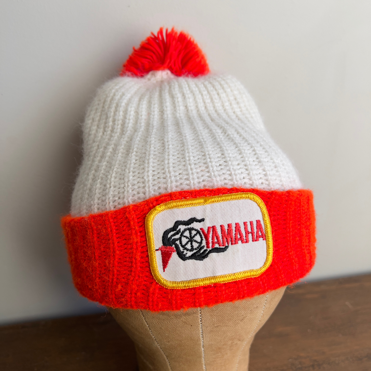 Vintage 1980s Yamaha Orange & White Knit Ribbed Beanie Hat  - Shop ThreadCount Vintage Co.