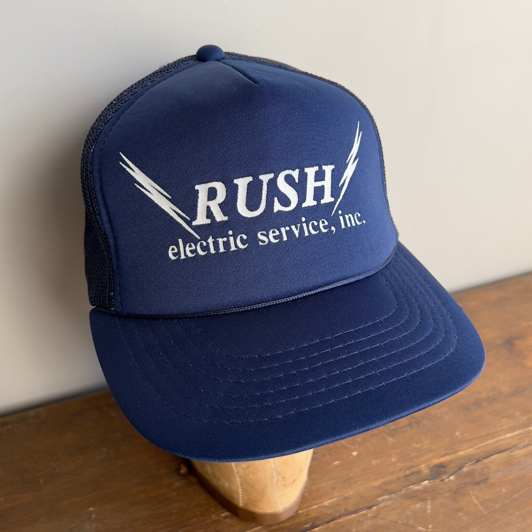 Vintage 1980s Rush Electric Services Navy Blue Snapback Trucker Hat  - Shop ThreadCount Vintage Co.