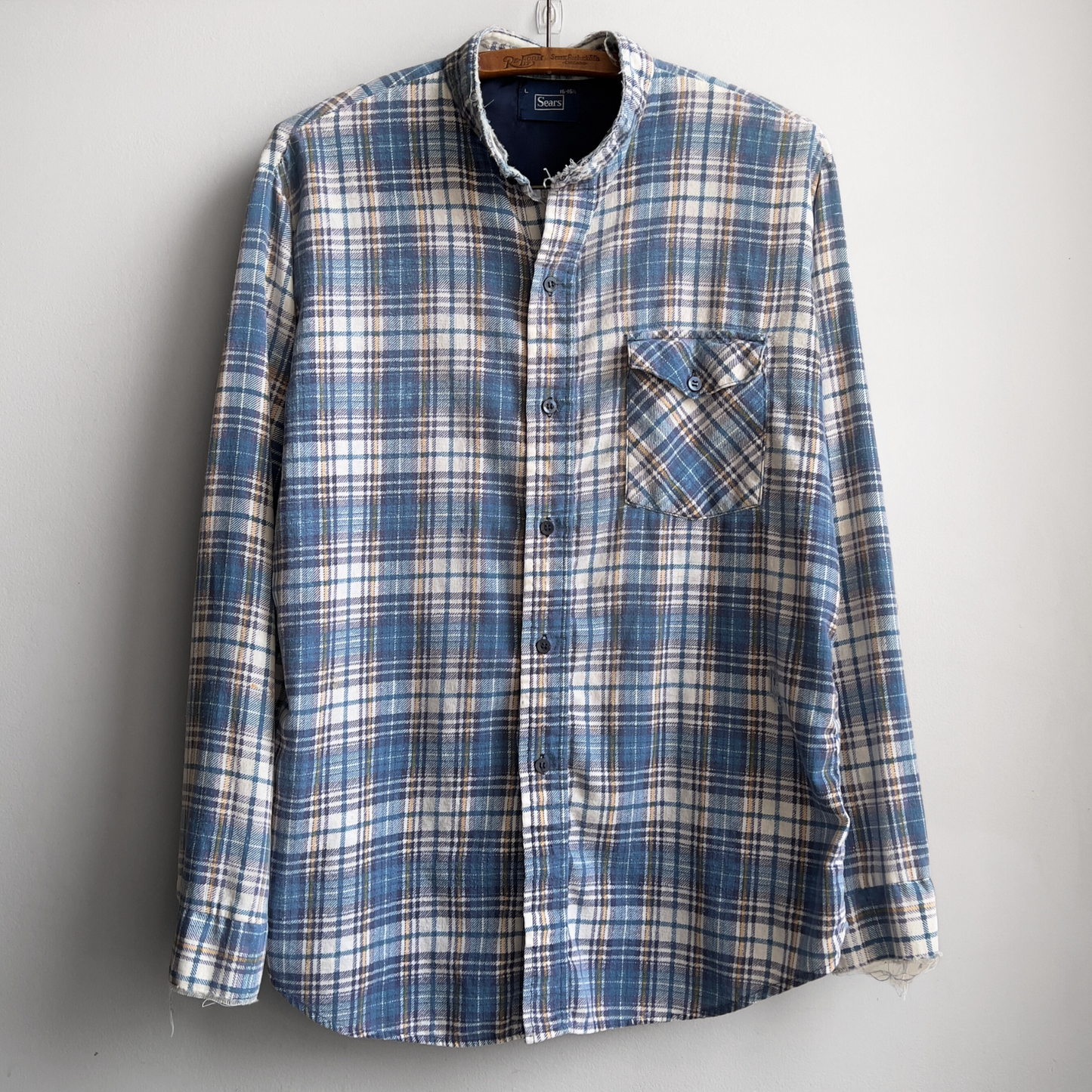 Vintage 1970s Blue & White Distressed Plaid Cotton Flannel Shirt  - Shop ThreadCount Vintage Co.