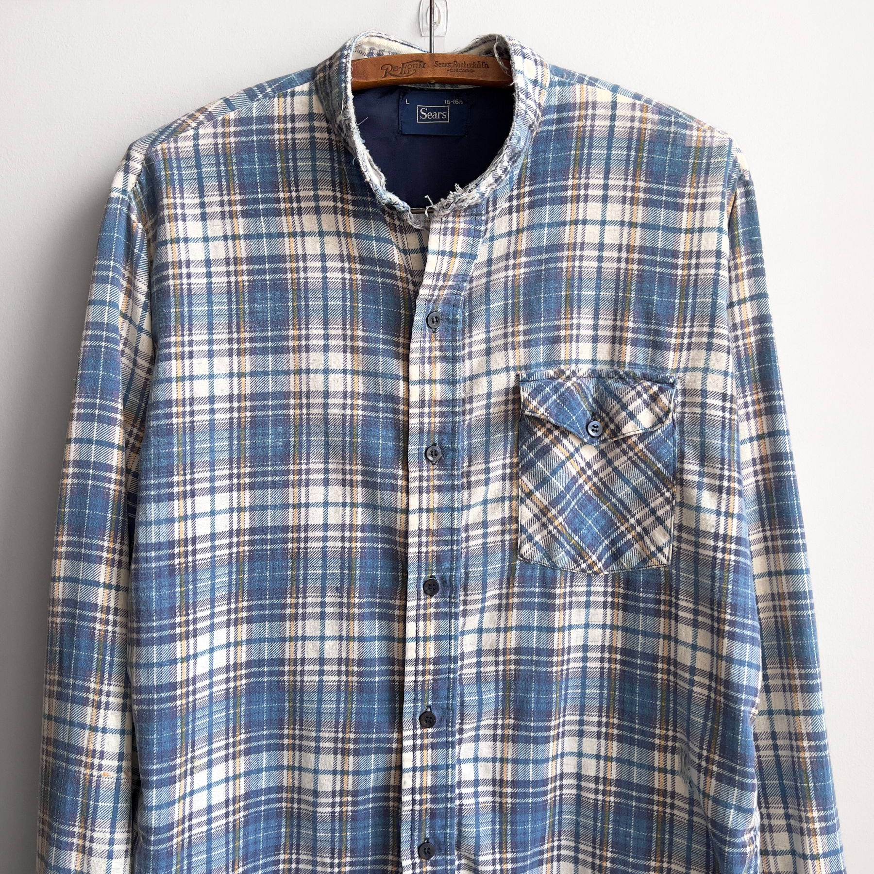 Vintage 1970s Blue & White Distressed Plaid Cotton Flannel Shirt  - Shop ThreadCount Vintage Co.