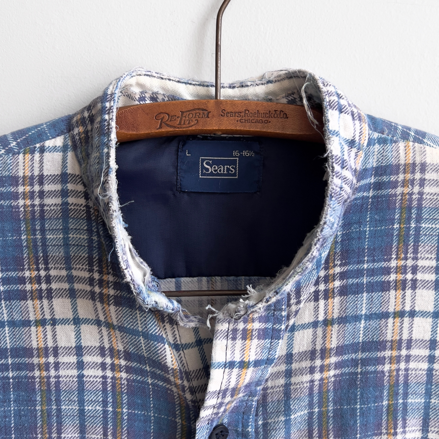 Vintage 1970s Blue & White Distressed Plaid Cotton Flannel Shirt  - Shop ThreadCount Vintage Co.