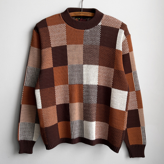 Vintage 1960s Brown & Orange Checkered Acrylic Knit Sweater  - Shop ThreadCount Vintage Co.