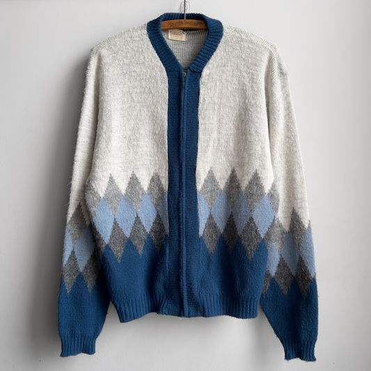 Vintage 1960s Brent Blue & White Fuzzy Argyle Zip Up Cardigan  - Shop ThreadCount Vintage Co.