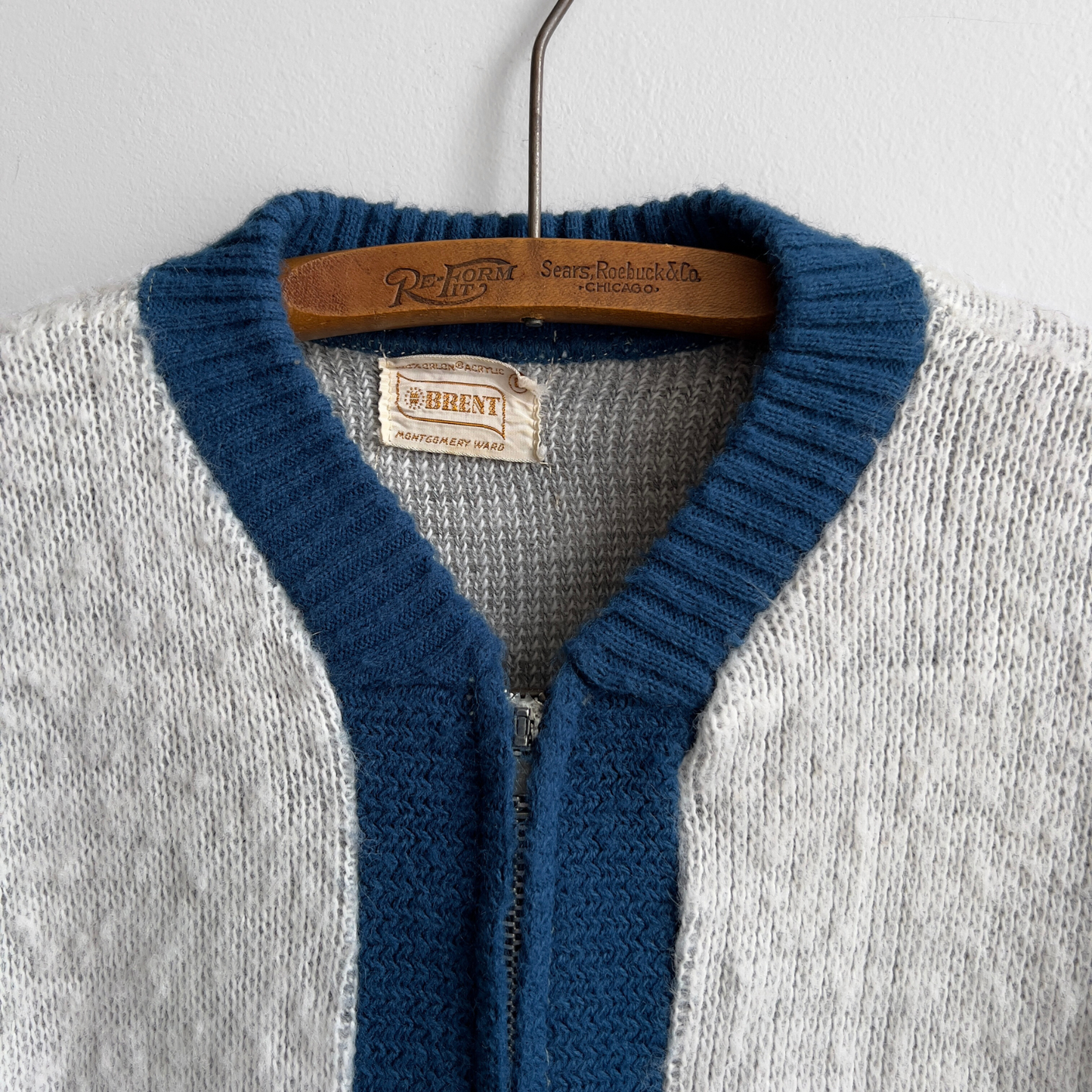 Vintage 1960s Brent Blue & White Fuzzy Argyle Zip Up Cardigan  - Shop ThreadCount Vintage Co.