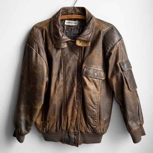 Vintage 1980s Faded Brown Genuine Leather Bomber Jacket  - Shop ThreadCount Vintage Co.