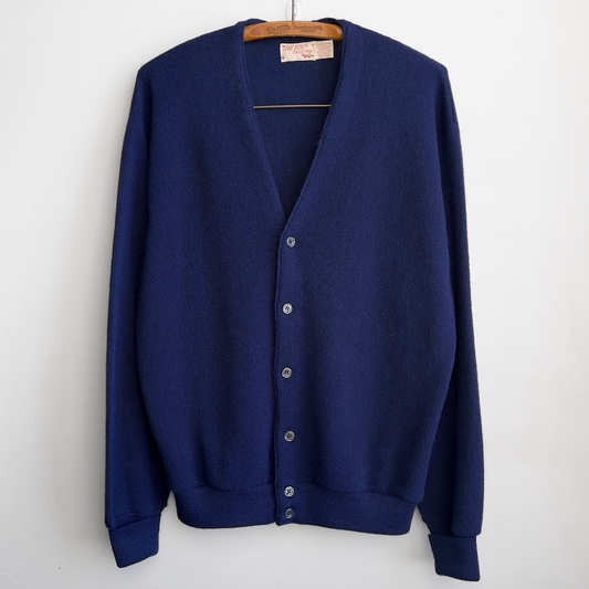 Vintage 1970s The Fox Collection Navy Blue Acrylic Knit Cardigan  - Shop ThreadCount Vintage Co.