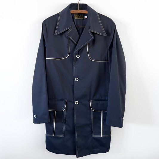 Vintage 1970s Sears Navy Blue Contrast Stitch Long Overcoat  - Shop ThreadCount Vintage Co.