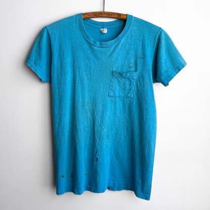 1960s Faded & Distressed Blue Cotton Pocket Tee  - Shop ThreadCount Vintage Co.