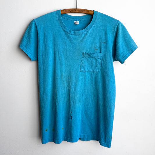 Vintage 1960s Faded & Distressed Blue Cotton Pocket Tee  - Shop ThreadCount Vintage Co.