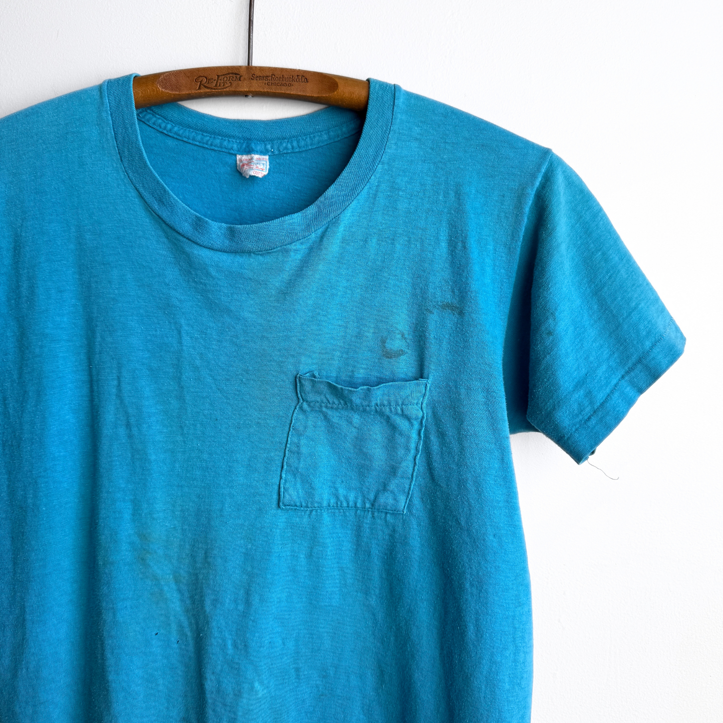 Vintage 1960s Faded & Distressed Blue Cotton Pocket Tee  - Shop ThreadCount Vintage Co.