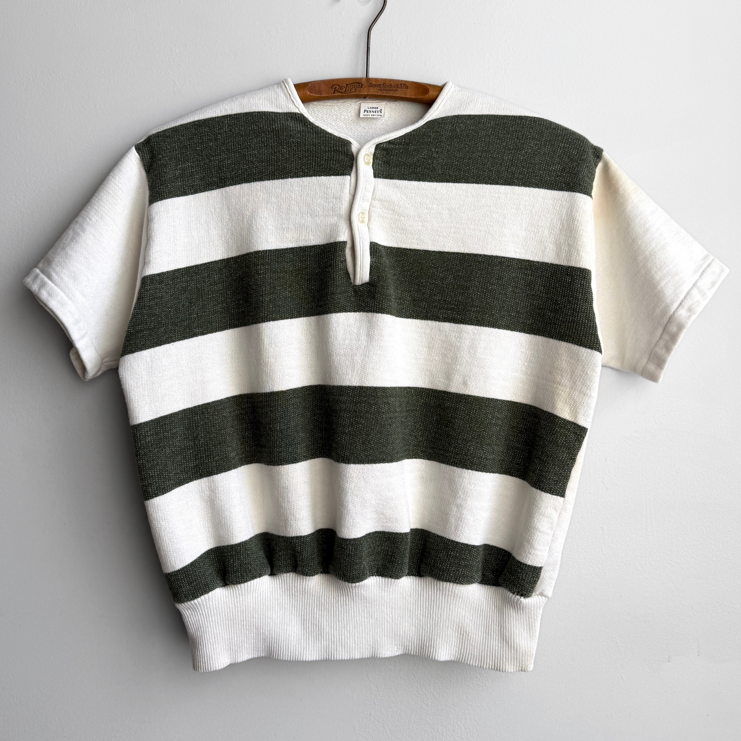 Vintage 1950s Green & White Striped Short Sleeve Sweatshirt  - Shop ThreadCount Vintage Co.