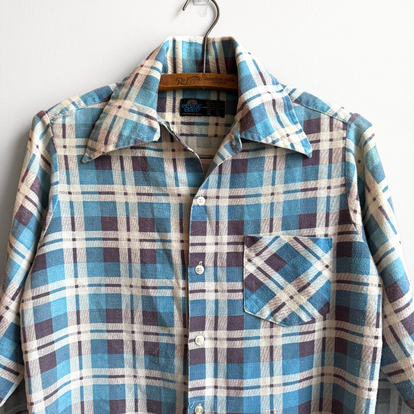 Vintage 1970s Blue & White Plaid Print Flannel Shirt  - Shop ThreadCount Vintage Co.