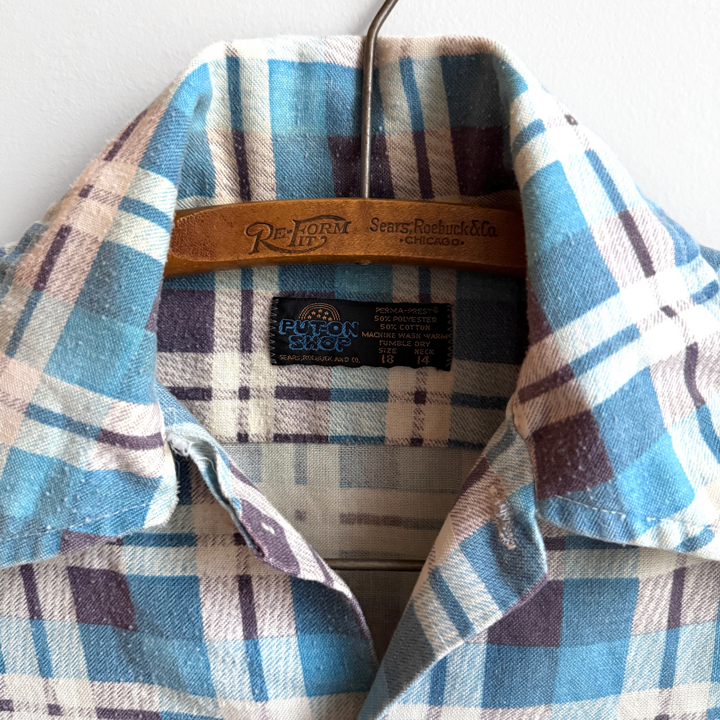 Vintage 1970s Blue & White Plaid Print Flannel Shirt  - Shop ThreadCount Vintage Co.