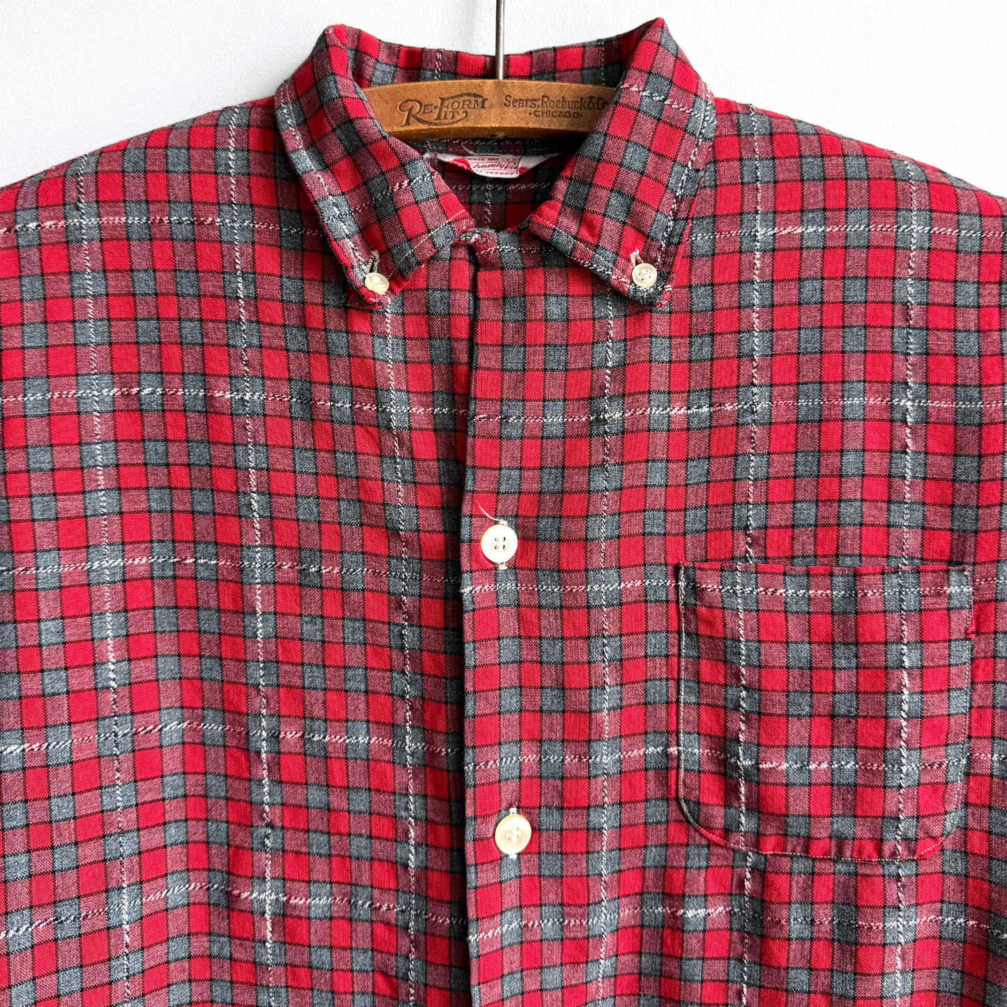 Vintage 1960s Red & Black Check Plaid Rayon Button Down Shirt  - Shop ThreadCount Vintage Co.