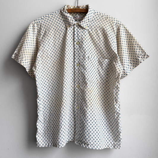 Vintage 1960s White & Blue Polka Dot Print Short Sleeve Shirt  - Shop ThreadCount Vintage Co.