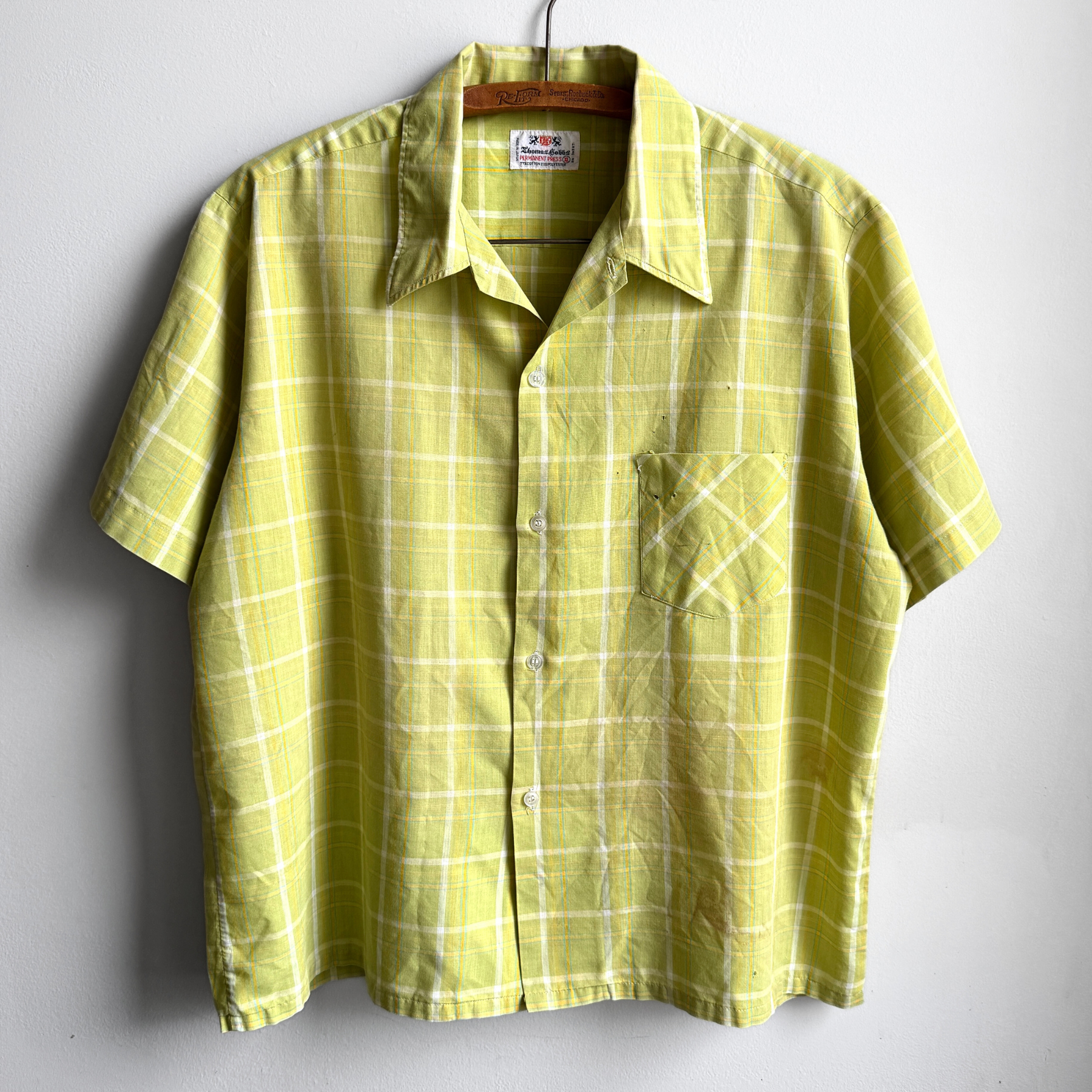 Vintage 1960s Light Green Distressed Short Sleeve Shirt  - Shop ThreadCount Vintage Co.