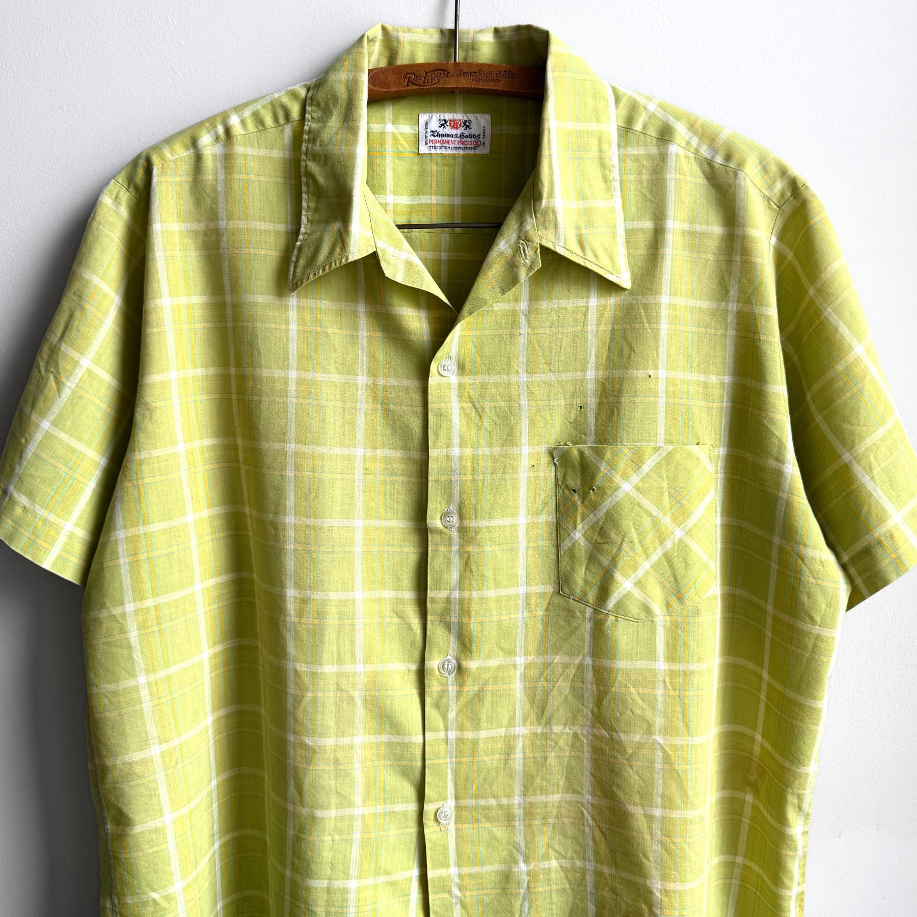 Vintage 1960s Light Green Distressed Short Sleeve Shirt  - Shop ThreadCount Vintage Co.