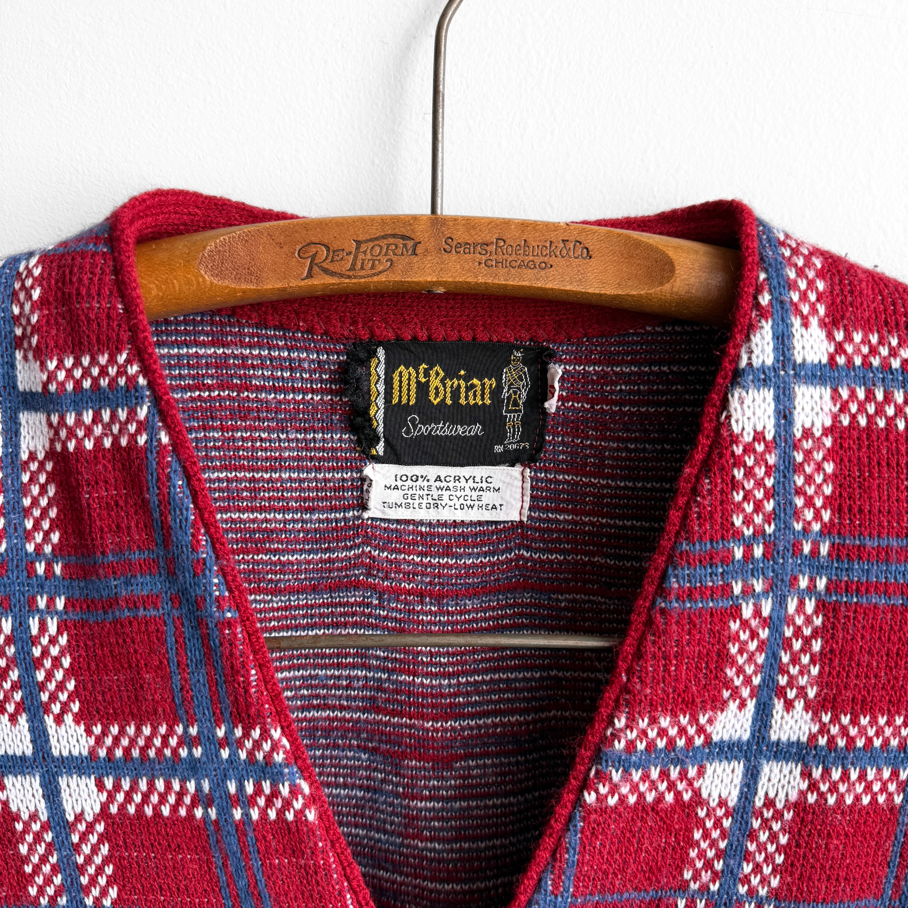 Vintage 1970s Red & Blue Plaid Pattern Knit Acrylic Cardigan  - Shop ThreadCount Vintage Co.