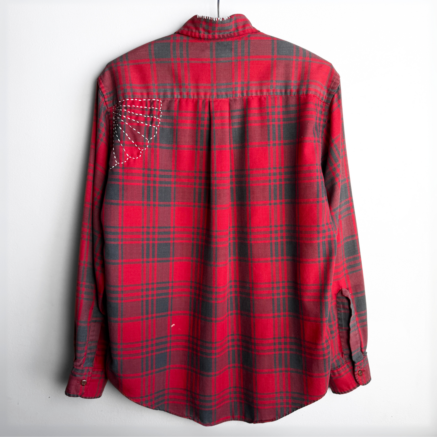 Vintage 1980s Sashiko Stitch Red Plaid Flannel Shirt  - Shop ThreadCount Vintage Co.