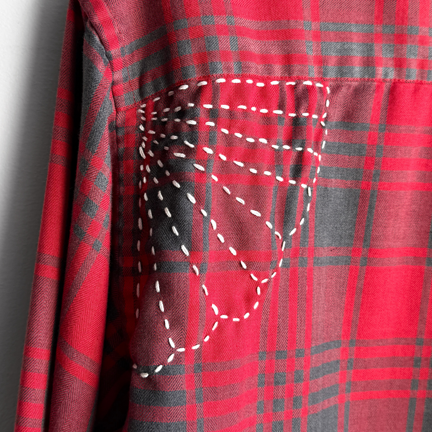 Vintage 1980s Sashiko Stitch Red Plaid Flannel Shirt  - Shop ThreadCount Vintage Co.