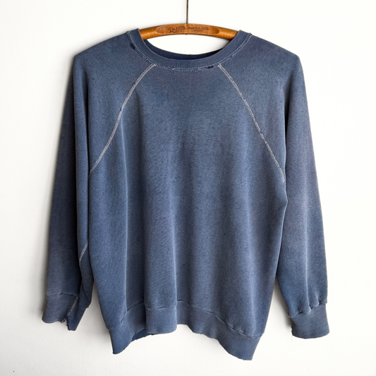 Vintage 1970s Sun Faded & Distressed Blue Raglan Sweatshirt  - Shop ThreadCount Vintage Co.