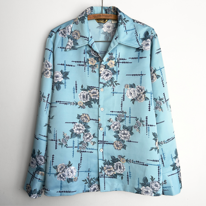 1970s Blue Floral Print Button Up Disco Shirt  - Shop ThreadCount Vintage Co.
