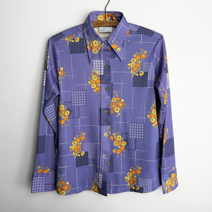 1970s Purple Geometric Daisy Print Button Up Shirt  - Shop ThreadCount Vintage Co.