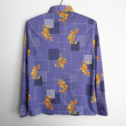 1970s Purple Geometric Daisy Print Button Up Shirt  - Shop ThreadCount Vintage Co.