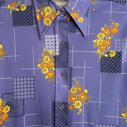 1970s Purple Geometric Daisy Print Button Up Shirt  - Shop ThreadCount Vintage Co.