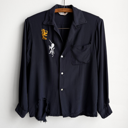 1960s Black Rayon Crest Embroidery Button Up Shirt  - Shop ThreadCount Vintage Co.