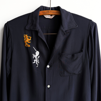 1960s Black Rayon Crest Embroidery Button Up Shirt  - Shop ThreadCount Vintage Co.