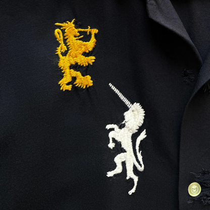 1960s Black Rayon Crest Embroidery Button Up Shirt  - Shop ThreadCount Vintage Co.