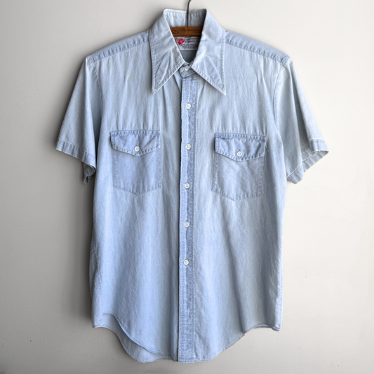 1980s Blue Cotton Faded Short Sleeve Painter Shirt  - Shop ThreadCount Vintage Co.