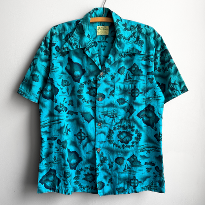 Vintage 1960s Teal Blue Floral Island Print Hawaiian Shirt  - Shop ThreadCount Vintage Co.