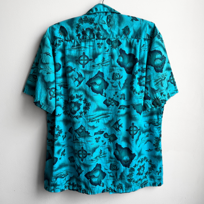 Vintage 1960s Teal Blue Floral Island Print Hawaiian Shirt  - Shop ThreadCount Vintage Co.