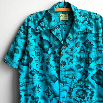 Vintage 1960s Teal Blue Floral Island Print Hawaiian Shirt  - Shop ThreadCount Vintage Co.