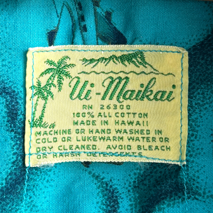 Vintage 1960s Teal Blue Floral Island Print Hawaiian Shirt  - Shop ThreadCount Vintage Co.