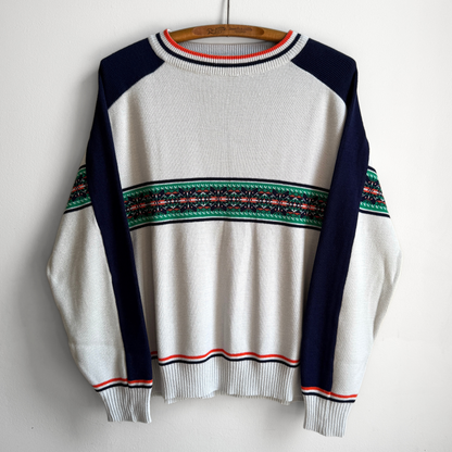 1970s Grey & Green Geometric Knit Acrylic Sweater  - Shop ThreadCount Vintage Co.